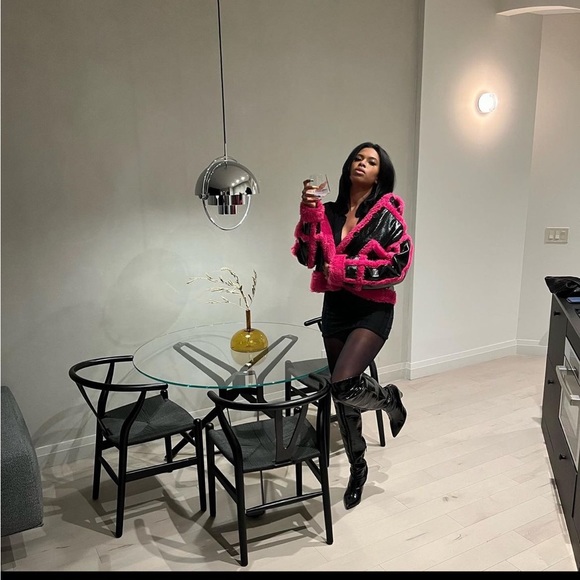 Black Vinyl Shearling Style Coat with Pink Faux Fur - Picture 2 of 4